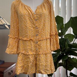 Beachlunchlounge Mustard Yellow Floral Ruffled Button Down Peplum Top Size Large